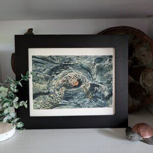 Original Watercolor Painting - Honu Sea Turtle with Autumn Leaf off Oahu